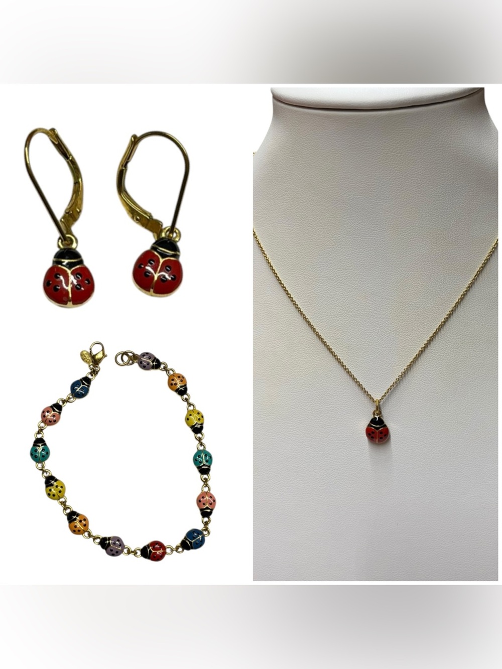 Vintage Joan Rivers Ladybug Enamel Necklace Bracelet Earring Whimsical Set